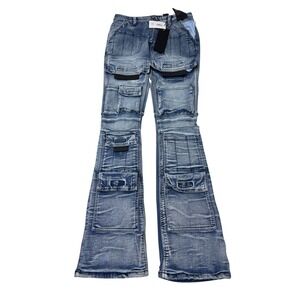 NWT Kloud9 New York Stack Fit Multi Pocket Cargo Denim Jeans Blue Mens 30/35